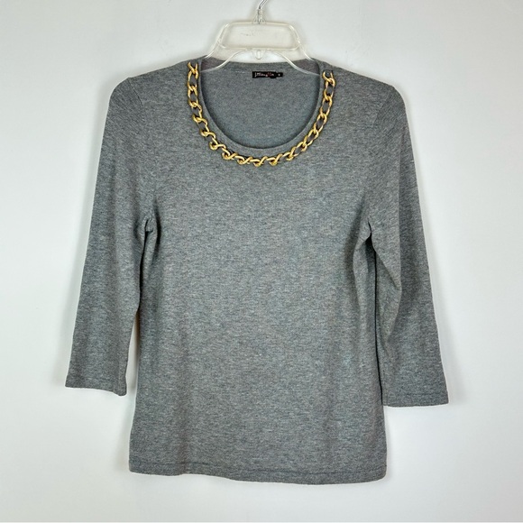 J. McLaughlin Gray Gold Tone Chain Ribbon Cotton Modal Scoop Neck Sweater S - Picture 1 of 7